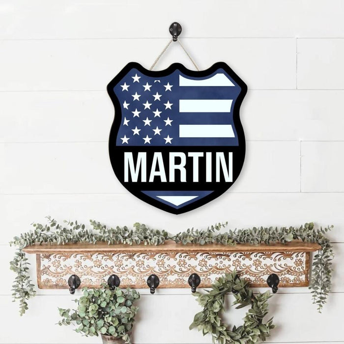 Badge Police Officer US Flag Name - Personalized Shaped Wood Sign For Policeman, Thin Blue Line