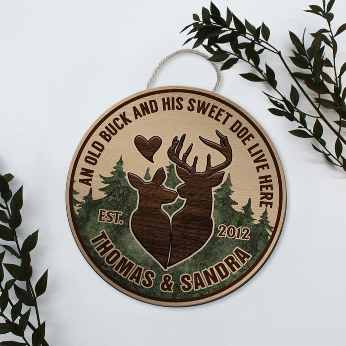 An Old Buck and His Sweet Doe Live Here - Personalized Gifts Custom Hunting Door Sign for Couples, Hunting Lovers