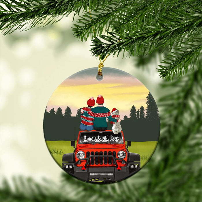 Personalized Ornament, Christmas Couple With Dog/Cat Sitting On Car, Christmas Gift For Couple, Car Lovers, Dog Lovers, Cat Lovers