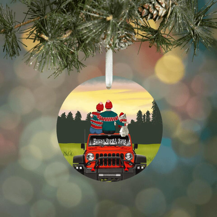 Personalized Ornament, Christmas Couple With Dog/Cat Sitting On Car, Christmas Gift For Couple, Car Lovers, Dog Lovers, Cat Lovers
