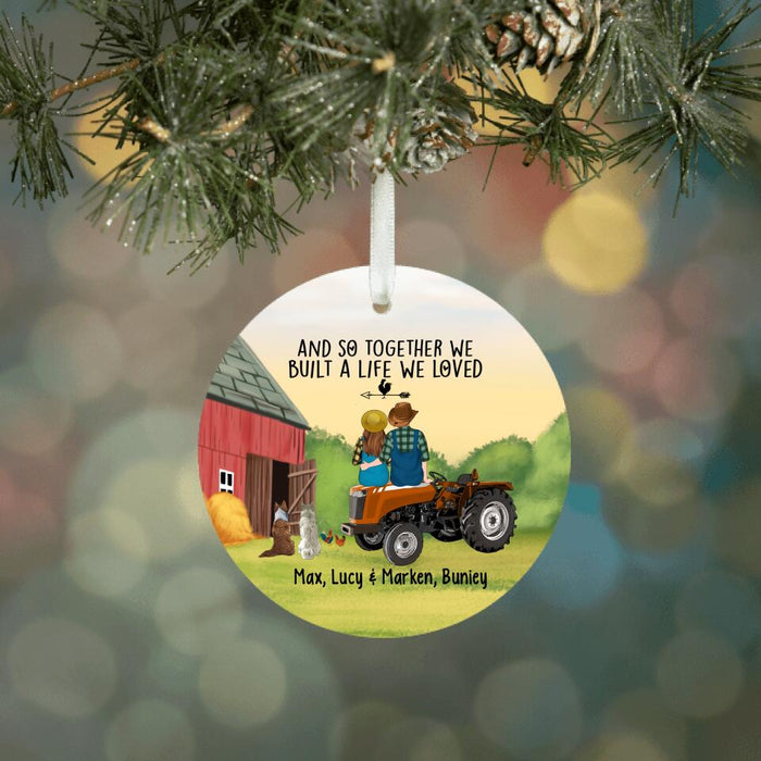 Personalized Ornament, Farming Couple On Tractor With Dogs, Gift For Farmers, Gift For Dog Lovers