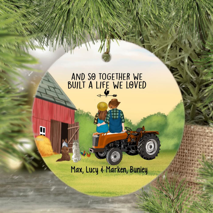 Personalized Ornament, Farming Couple On Tractor With Dogs, Gift For Farmers, Gift For Dog Lovers