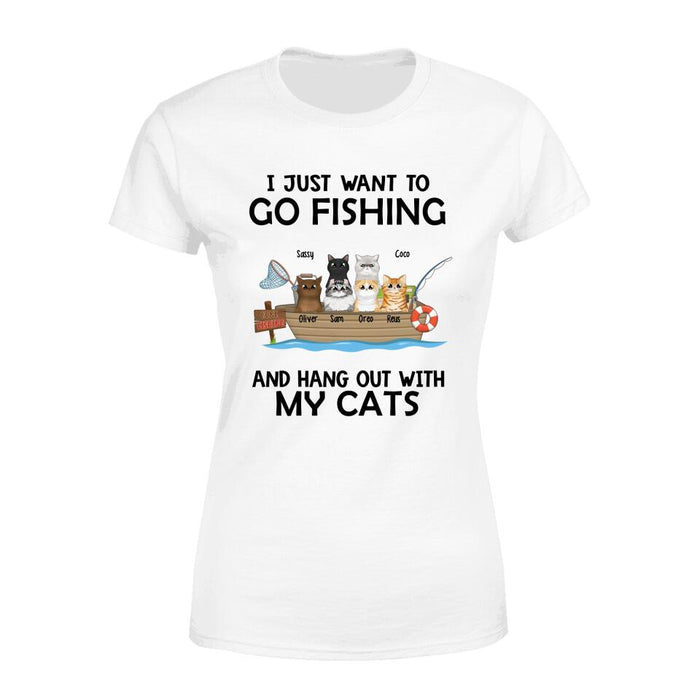 Personalized T-shirt, Up to 6 Cats, I Just Want To Go Fishing and Hang Out With My Cats, Gift for Fishing Lovers, Cat Lovers