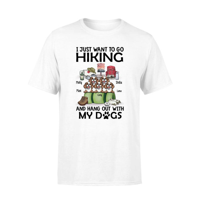 Personalized T-shirt, Up to 5 Dogs, I Just Want to Go Hiking and Hang Out with My Dogs, Giift for Hiking and Dog Lovers