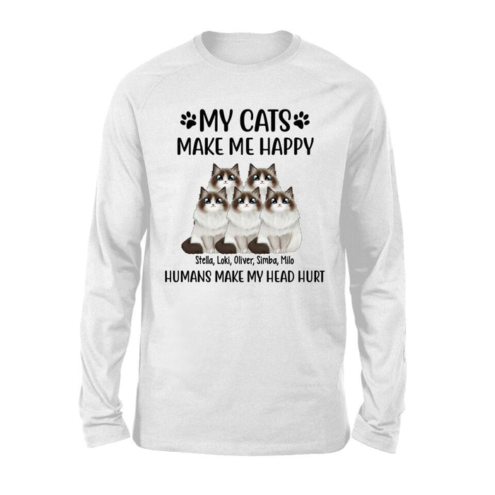 Personalized Shirt, Up To 5 Cats, My Cats Make Me Happy Humans Make My Head Hurt, Gift For Cat Lovers