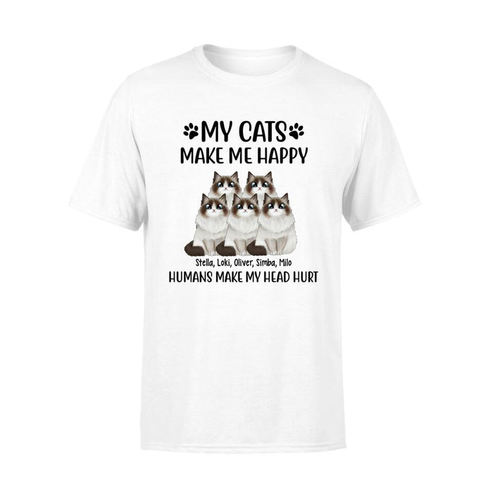 Personalized Shirt, Up To 5 Cats, My Cats Make Me Happy Humans Make My Head Hurt, Gift For Cat Lovers
