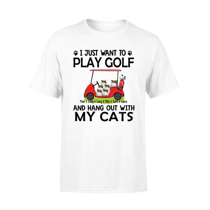 Personalized T-shirt, I Just Want to Play Golf and Hang Out With My Cats, Gift for Golfers, Cat Lovers