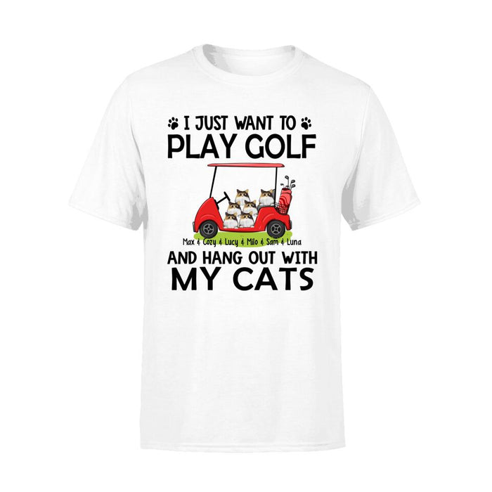 Personalized T-shirt, I Just Want to Play Golf and Hang Out With My Cats, Gift for Golfers, Cat Lovers