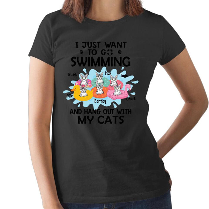Personalized Shirt, I Just Want To Go Swimming And Hang Out With My Cats, Up To 6 Cats, Gift For Cat Lovers