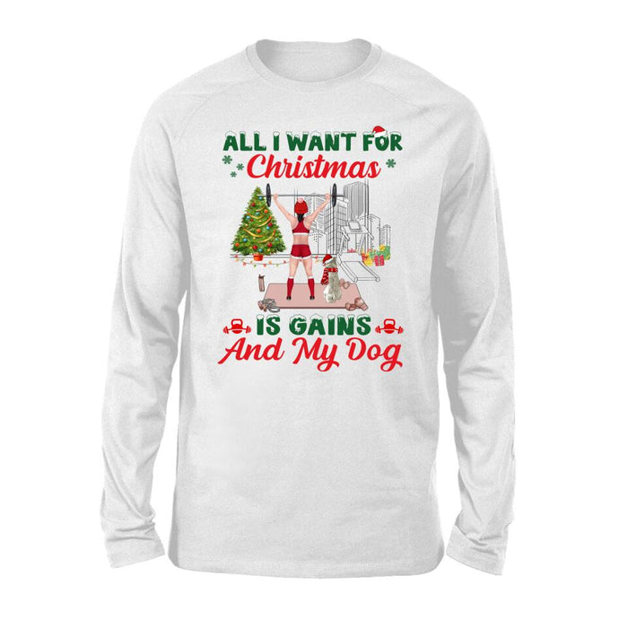 Personalized Shirt, All I Want For Christmas Is Gains And My Dogs, Christmas Gift For Fitness Lovers And Dog Lovers