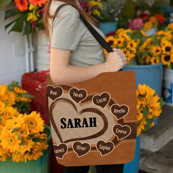 Custom Grandma Mom Heart With Kids Name Tote Bag Personalized