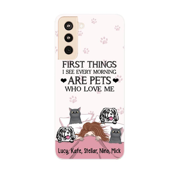 Personalized Phone Case, Sleeping Girl With Pets, Gift For Dog And Cat Lovers