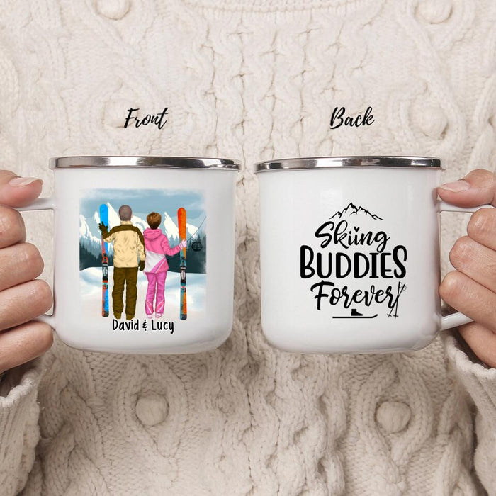 Skiing Buddies Forever - Personalized Gifts Custom Skiing Enamel Mug for Friends, Couples, and Skiing Lovers