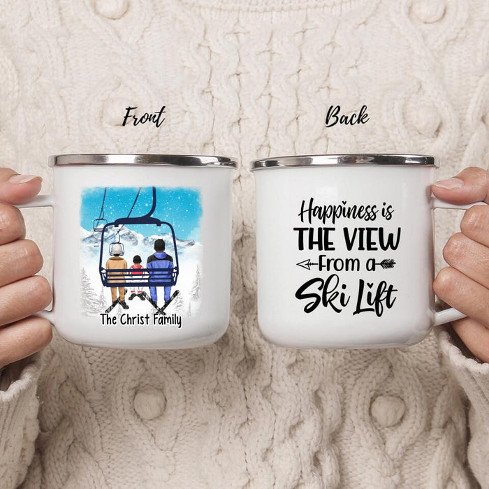 Happiness Is the View from a Ski Lift - Personalized Gifts Custom Enamel Mug for Friends and Family