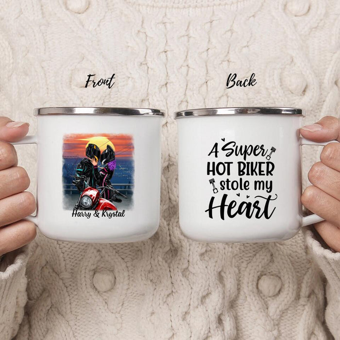 Hot Biker Stole My Heart - Personalized Gifts Custom Motorcycle Enamel Mug for Couples, Motorcycle Lovers