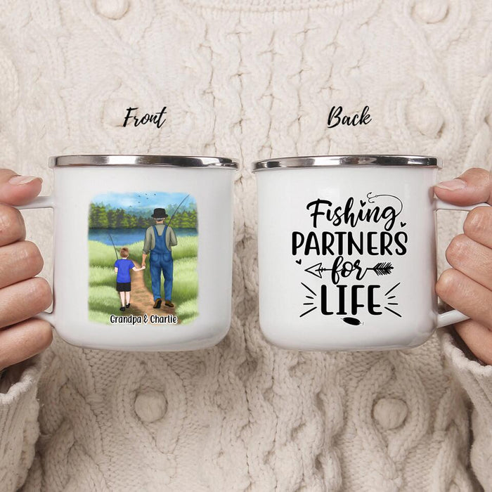 Fishing Partners for Life - Personalized Gifts Custom Fishing Enamel Mug for Kids, Grandpa, and Fishing Lovers