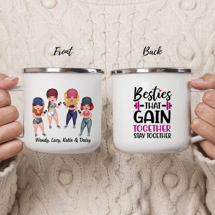 Besties That Gain Together - Personalized Gifts Custom Fitness Enamel Mug for Friends, Fitness Lovers
