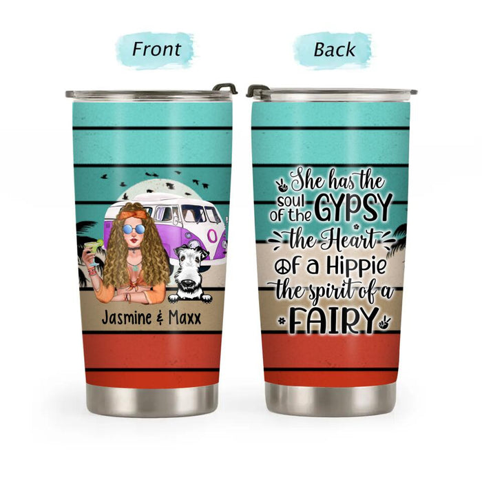 Personalized Tumbler 20oz, She Has The Soul Of A Gypsy, Hippie Girl With Dogs, Gift For Hippie Girl