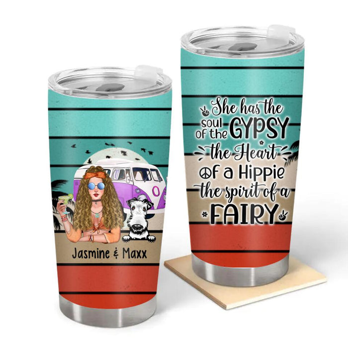 Personalized Tumbler 20oz, She Has The Soul Of A Gypsy, Hippie Girl With Dogs, Gift For Hippie Girl