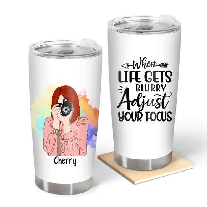 Personalized Tumbler 20oz, Girl With Camera, Adjust Your Focus, Gift for Photography Lovers