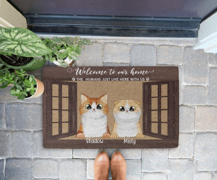 The Humans Just Live Here with Us - Personalized Gifts Custom Cat Doormat for Cat Mom or Cat Dad - Cat Lovers