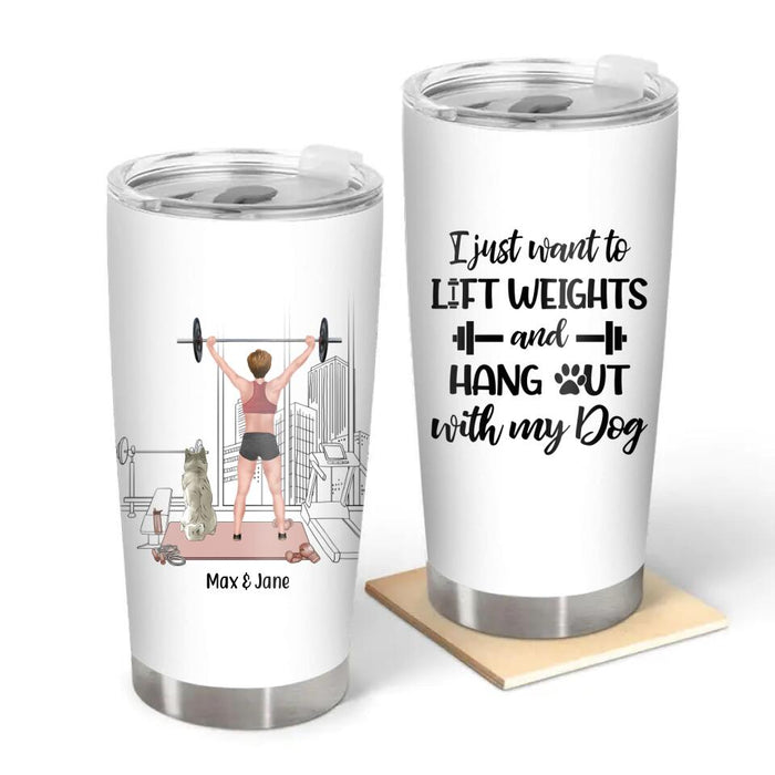Personalized Tumbler, Girl Lifting Weight with Dogs, Gift for Fitness & Dog Lovers