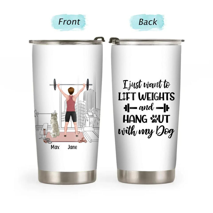 Personalized Tumbler, Girl Lifting Weight With Dogs, Gift for