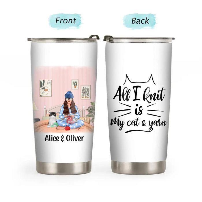 Personalized Tumbler, Girl Knitting With Cats, Gift for Knitters, Cat Lovers
