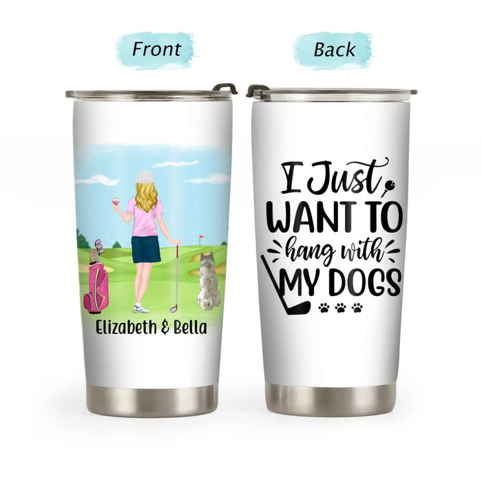 Personalized Tumbler, Golf Drink Woman with Dogs Gift For Golf and Dog Lovers