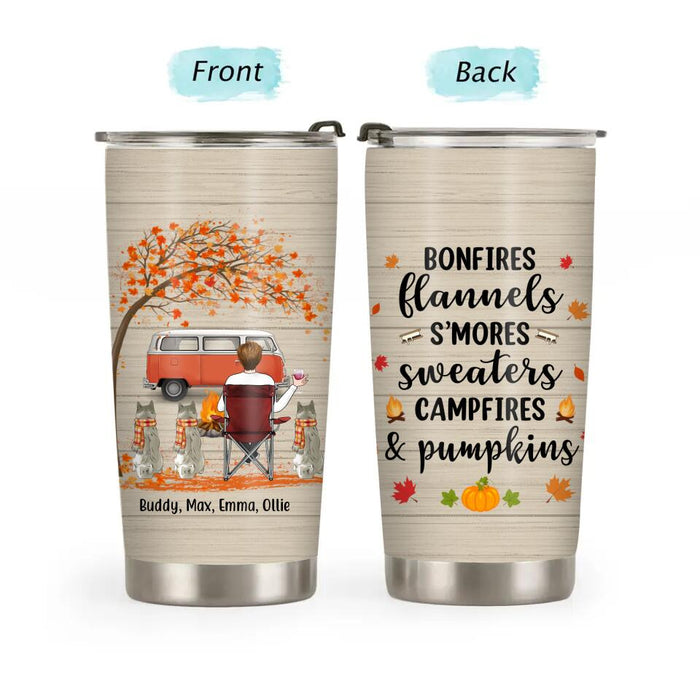 Personalized Tumbler, It's Fall Ya'll, Bonfires Flannels, Camping Girl With Dogs, Gift For Camping And Dog Lovers