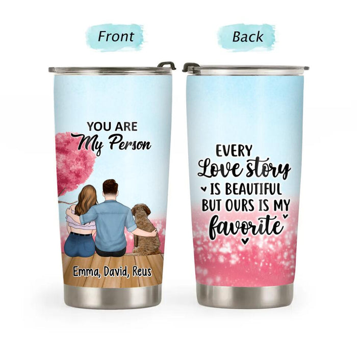 Couple Sitting With Pets - Personalized Tumbler For Couples, Dog Lovers, Cat Lovers