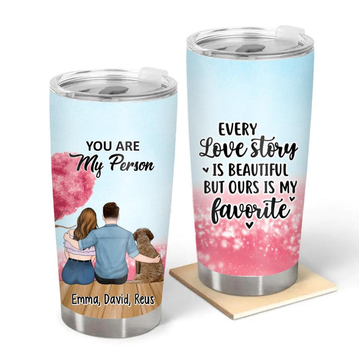 Couple Sitting With Pets - Personalized Tumbler For Couples, Dog Lovers, Cat Lovers