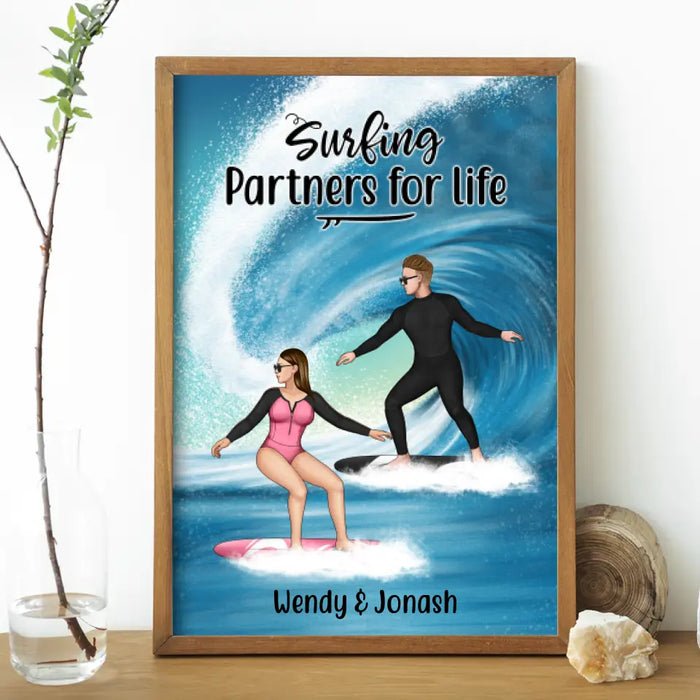 Personalized Poster, Surfing Couple Sideview Custom Gift For Surfers