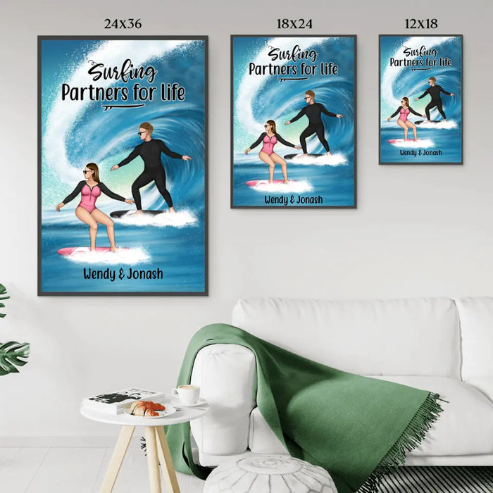 Personalized Poster, Surfing Couple Sideview Custom Gift For Surfers