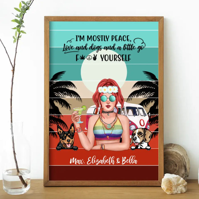 Personalized Poster, Hippie Girl with Dogs Custom Gift For Dog and Hippie Lovers