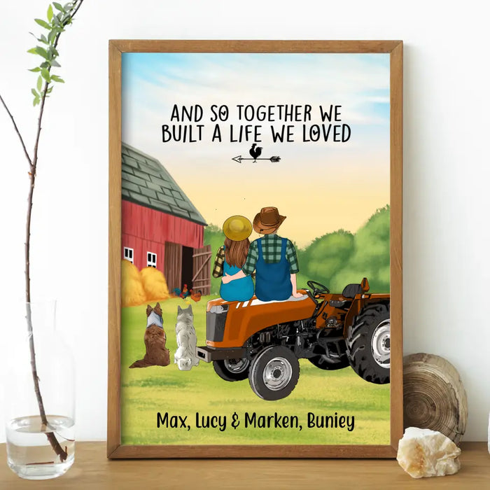 Personalized Poster, Farming Couple On Tractor With Dogs, Gift For Farmers, Gift For Dog Lovers