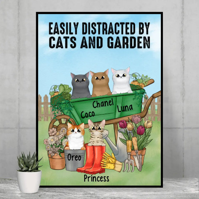 Personalized Poster, Up to 5 Cats, Easily Distracted By Cats And Garden, Gift For Cat Lovers