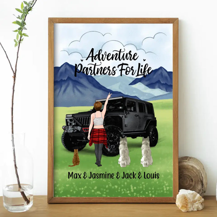Personalized Poster, Adventure Girl With Cats And Dogs, Custom Gift For Dogs and Car Lovers
