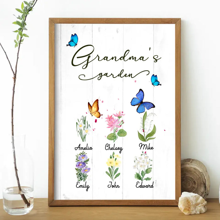 Grandma's Garden Grandkids Names - Personalized Gifts Custom Flower Poster for Grandma, Flower Lovers