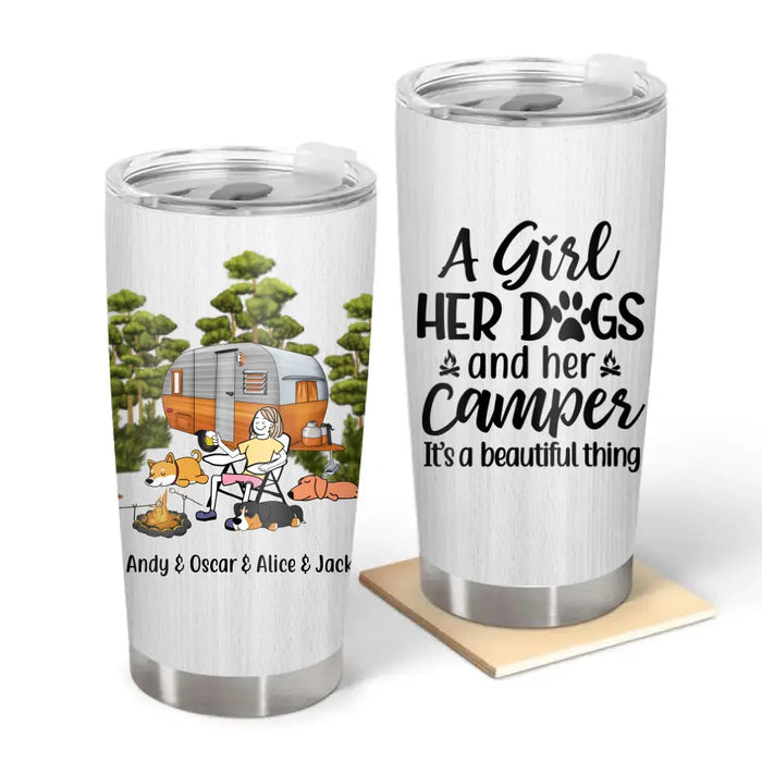 Personalized Tumbler, Camping Woman With Dogs Sleeping, Gifts For Campers