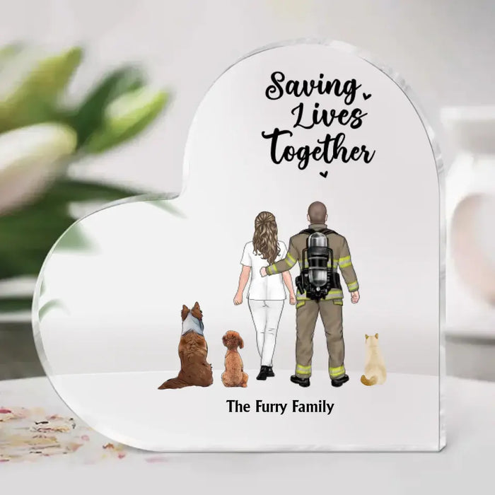 Saving Lives Together - Personalized Gifts Custom Pet Acrylic Plaque For Firefighter Nurse Police EMS Couples, Dog Lovers, Cat Lovers