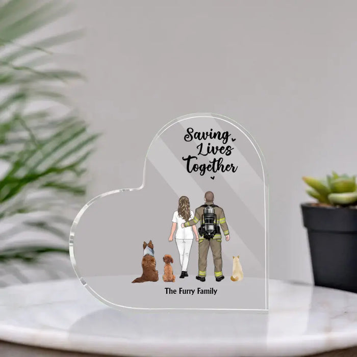 Saving Lives Together - Personalized Gifts Custom Pet Acrylic Plaque For Firefighter Nurse Police EMS Couples, Dog Lovers, Cat Lovers