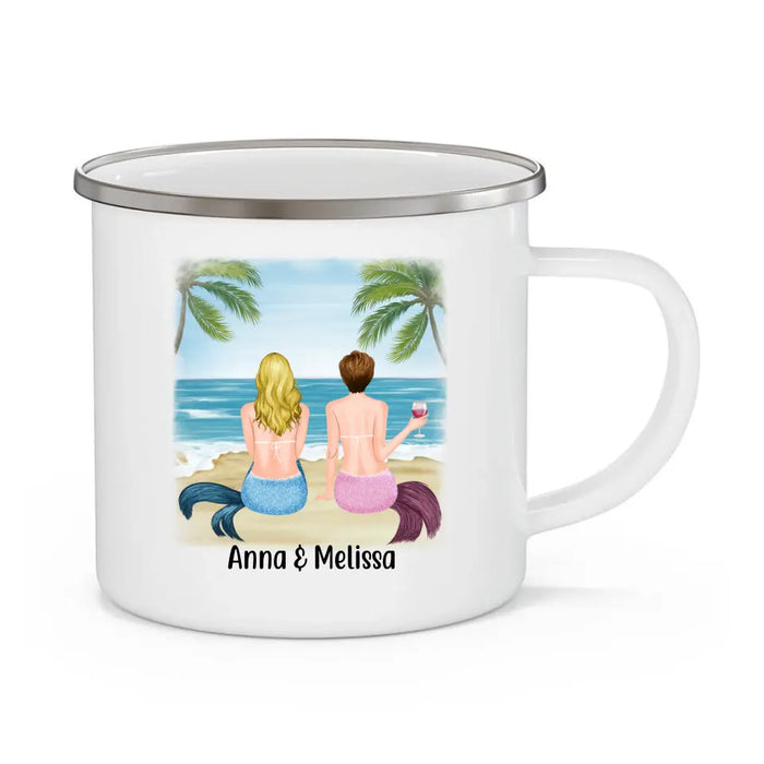Beaches, Booze, and Besties - Personalized Gifts Custom Beach Enamel Mug for Sisters and Beach Lovers