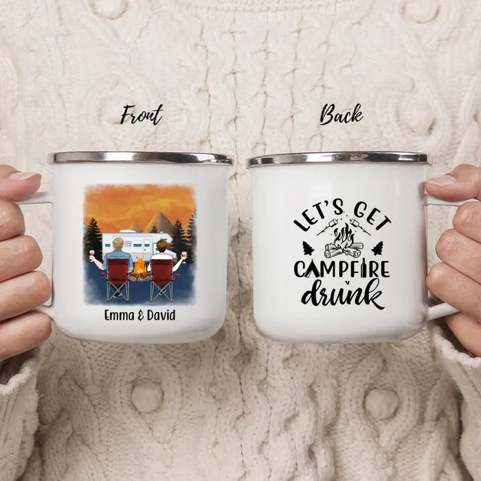 Let's Get Campfire Drink - Personalized Gifts Custom Camping Enamel Mug for Friends for Couples, Camping Lovers