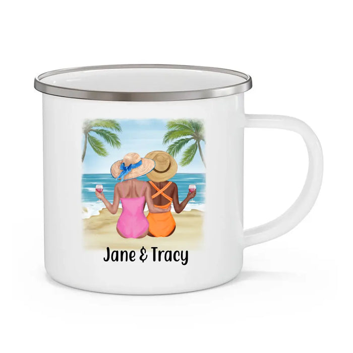 Friends, Sun, Sand, and Sea - Personalized Gifts Custom Beach Enamel Mug for Sister, Beach Lovers
