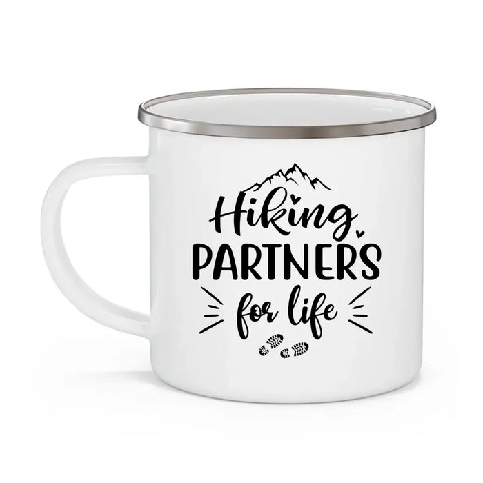 Hiking Partners for Life - Personalized Gifts Custom Hiking Enamel Mug for Friends, Couples, and Hiking Lovers