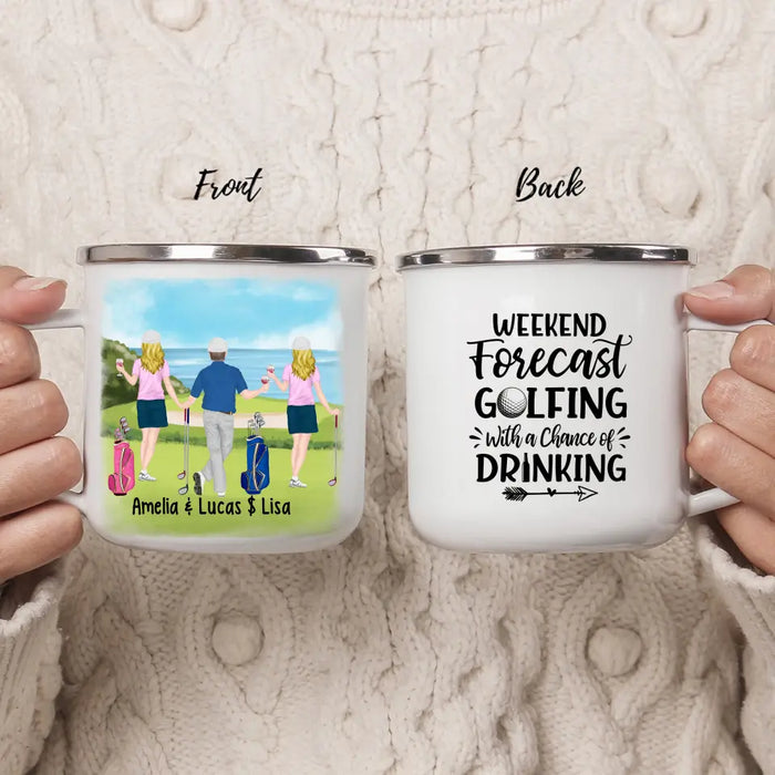 Weekend Forecast Golfing - Personalized Gifts Custom Golf Enamel Mug for Friends, Couples, and Golf Lovers