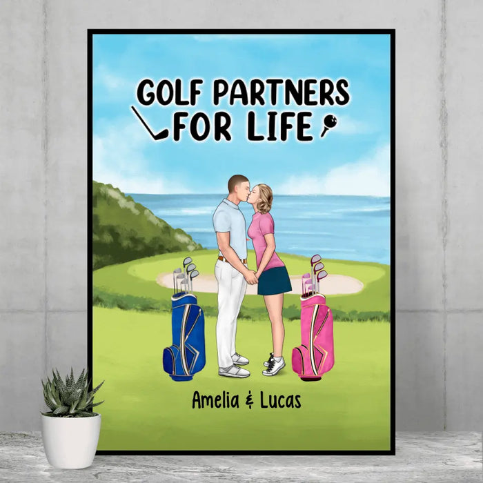 Golf Partners for Life Kissing on a Golf Course - Personalized Gifts Custom Golf Poster for Couples, Golf Lovers