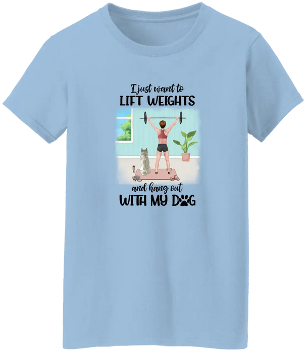 Personalized T-shirt, Girl Lifting Weights With Dog at Home, Gift for Dog Lovers, Fitness Lovers