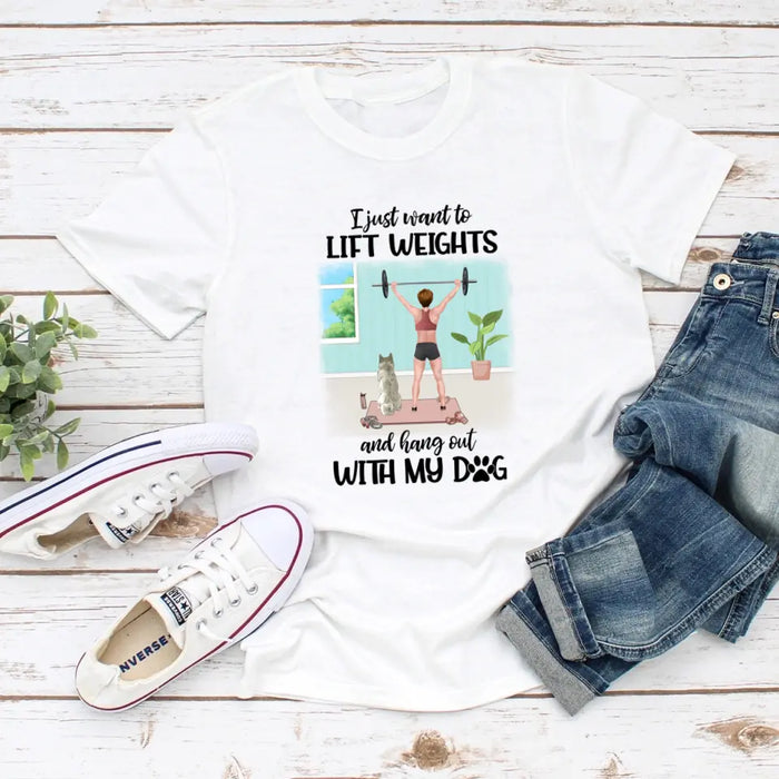 Personalized T-shirt, Girl Lifting Weights With Dog at Home, Gift for Dog Lovers, Fitness Lovers